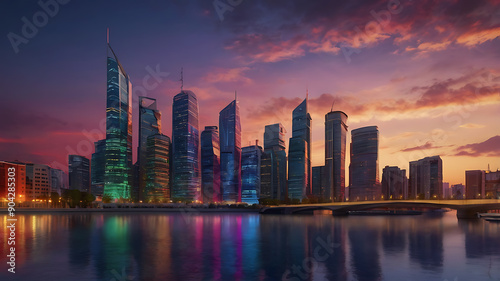 A background with a vibrant cityscape at twilight, highlighting modernity and dynamic energy.