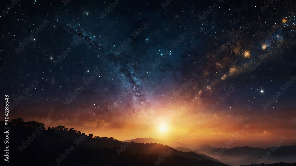 A backdrop featuring a radiant sunrise emerging from a dark, starry night, symbolizing the transition from darkness to light. A backdrop featuring a radiant sunrise emerging from a dark, starry night, symbolizing the transition from darkness to light.