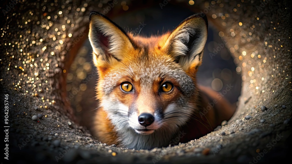 Fototapeta premium Close-up of a cunning fox emerging from the shadows, with sparkling eyes and shimmering red fur, fox, close-up, wildlife, nature