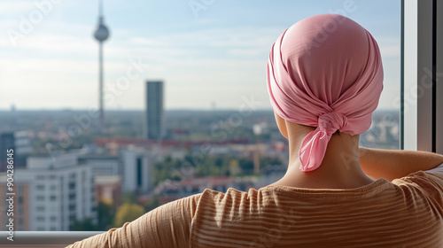 rear view of a woman wearing a pink silk kerchief on her head standing on her balcony in sunny day photo