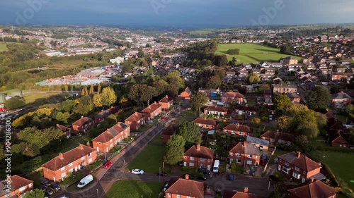 Aerial drone footage over a British council housing estate, UK houses and homes London UK Drone, Aerial, view from air, birds eye view,
