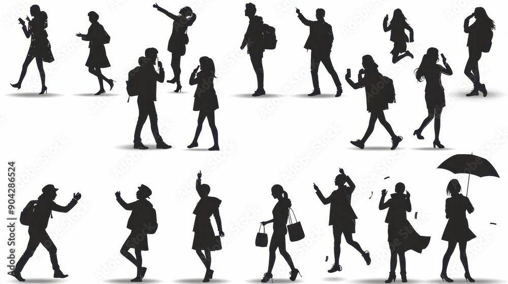 Create a series of black silhouette illustrations showing people in different poses, including thinking, talking on the phone, pointing, holding an umbrella, and celebrating, set against a bright Create a series of black silhouette illustrations showing people in different poses, including thinking, talking on the phone, pointing, holding an umbrella, and celebrating, set against a bright