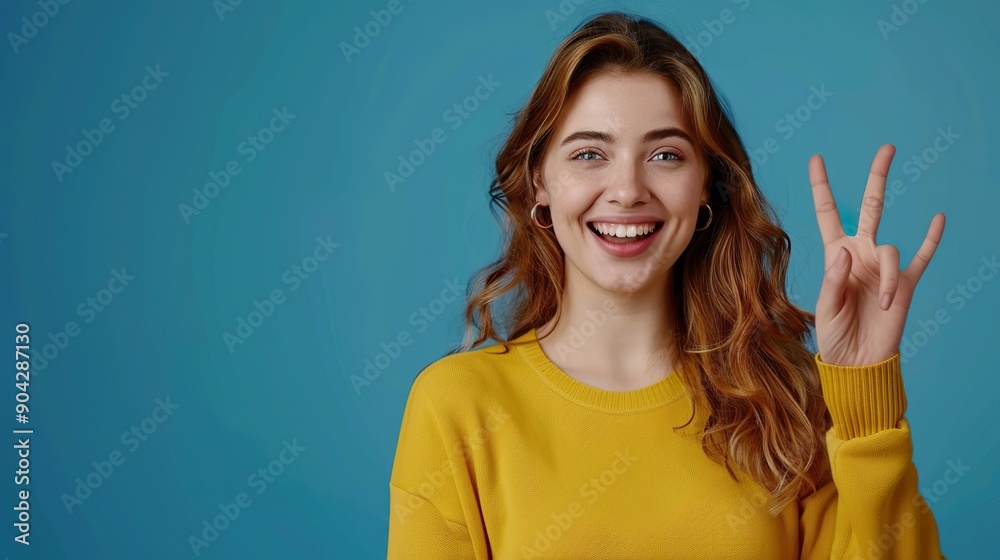 Fototapeta premium an excited young woman showcasing a good product, making an OK sign, against a blue background that highlights her enthusiastic endorsement