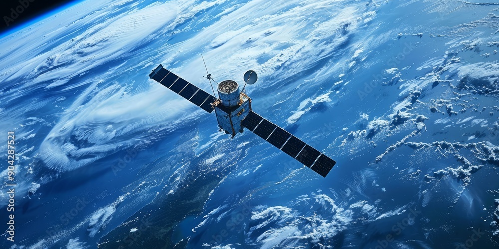 Obraz premium Researchers analyzing satellite images for environmental monitoring, emphasizing remote sensing technology development