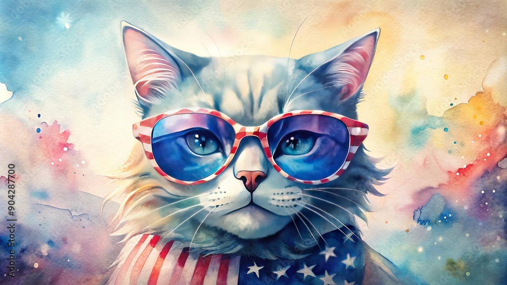 Fototapeta Vibrant illustration of a cool cat sporting trendy shades, set against a patriotic backdrop featuring a stylized American flag themed art design.