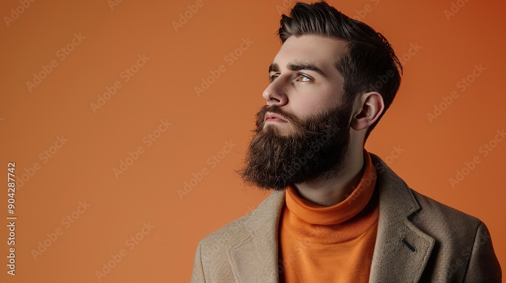 Fototapeta premium an image of a sophisticated bearded guy in fashionable clothes, with a confident expression, against an orange background that signifies warmth and energy
