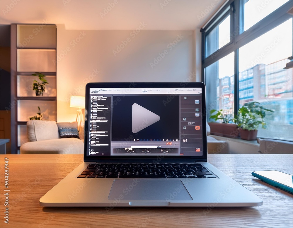 Video editing software or program opened on a laptop device monitor display screen placed on a table or desk in a home room or office interior Video editing software or program opened on a laptop device monitor display screen placed on a table or desk in a home room or office interior