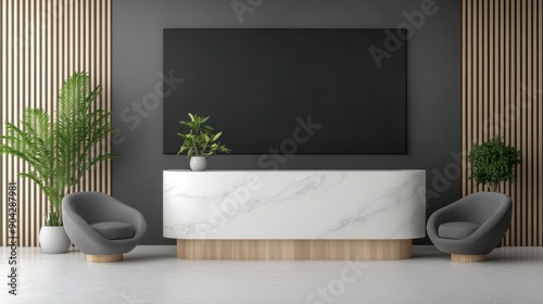 A stylish reception area in a tech startup, with a modern receptionist desk, comfortable seating, and a digital display showcasing company achievements, high-resolution photo, realistic photo