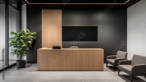 A stylish reception area in a tech startup, with a modern receptionist desk, comfortable seating, and a digital display showcasing company achievements, high-resolution photo, realistic photo