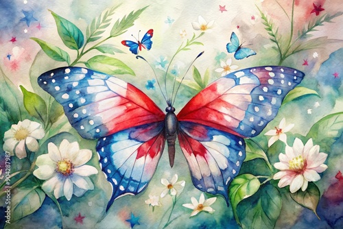 A majestic butterfly with red, white, and blue wings perches on a leaf, surrounded by blooming flowers, with a subtle American flag pattern, happy memorial day. photo