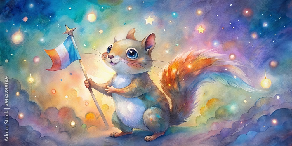Obraz premium Adorable squirrel proudly grasps colorful national flag amidst warm, blurred lights, epitomizing joyful, patriotic spirit of freedom and independence on a special day.