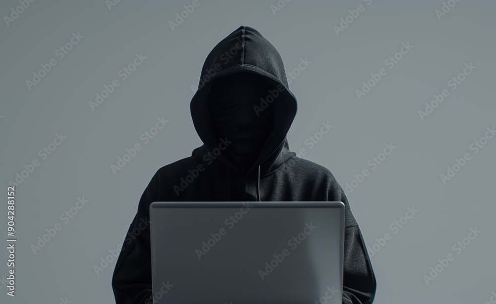 Anonymous Hooded Figure Using Laptop for Cybersecurity or Hacking in Dark Environment Anonymous Hooded Figure Using Laptop for Cybersecurity or Hacking in Dark Environment