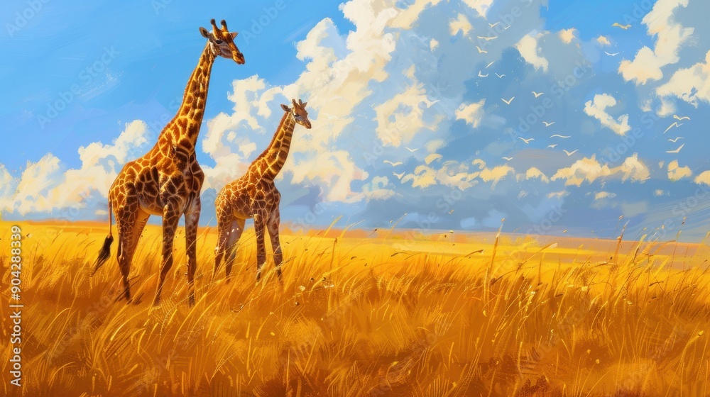 Fototapeta premium Giraffes in a field of tall grass under a blue sky with clouds.