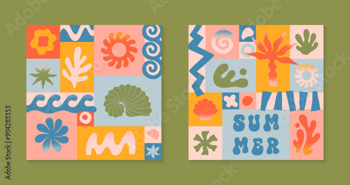 Vector summer illustrations with nature organic shapes,doodles.Groovy boho palm,beach,surf,waves,sun,seashells graphic symbols and elements.Summer vacation backgrounds in simple funny style.