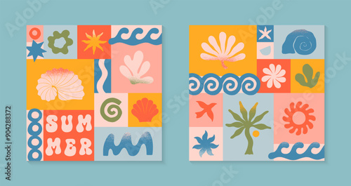 Vector summer illustrations with nature organic shapes,doodles.Groovy boho palm,beach,surf,waves,sun,seashells graphic symbols and elements.Summer vacation backgrounds in simple funny style.