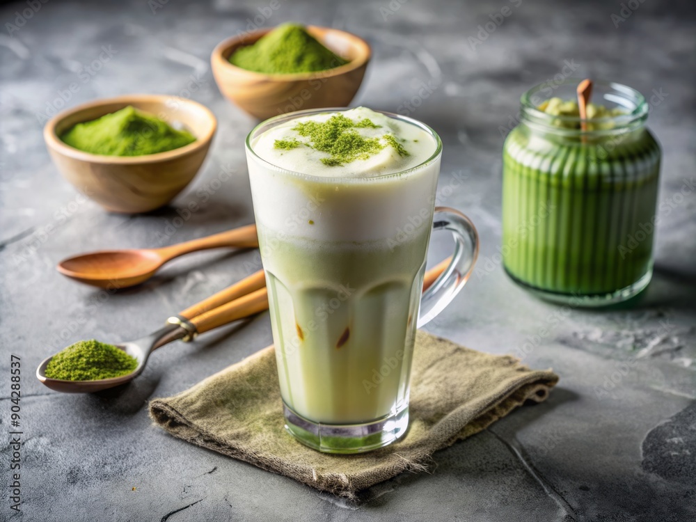 Ice Matcha Latte Green Tea In Glass Cup On Grey Concrete Background. Healthy Refreshing Summer Drink Ice Matcha Latte Green Tea In Glass Cup On Grey Concrete Background. Healthy Refreshing Summer Drink
