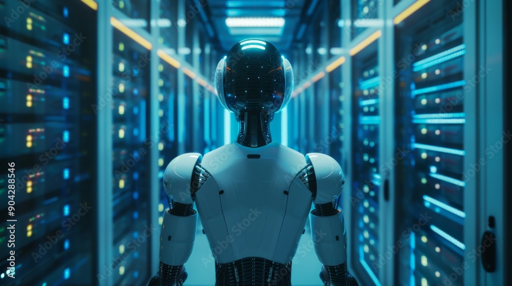 Rear back view of AI artificial intelligence robot standing in data center with racks. Futuristic technology internet information Rear back view of AI artificial intelligence robot standing in data center with racks. Futuristic technology internet information