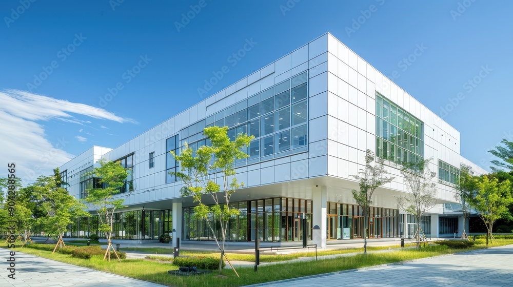 A large building with a lot of windows and a lot of people walking around. Scene is lively and bustling A large building with a lot of windows and a lot of people walking around. Scene is lively and bustling