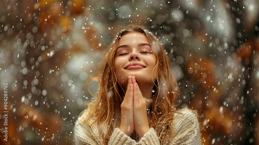 Girl embracing rain  joyful portrait with wet hair, reaching to sky in water splashes