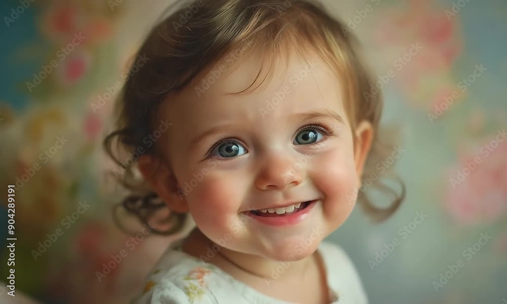 Smiling Toddler with Curly Hair on Pastel Floral Background Smiling Toddler with Curly Hair on Pastel Floral Background