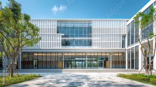 A large building with a lot of windows and a lot of people walking around. Scene is lively and bustling © Media Srock