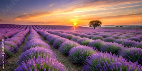 Peaceful Lavender Field at Sunrise Generative By AI, field, france, valensole, morning