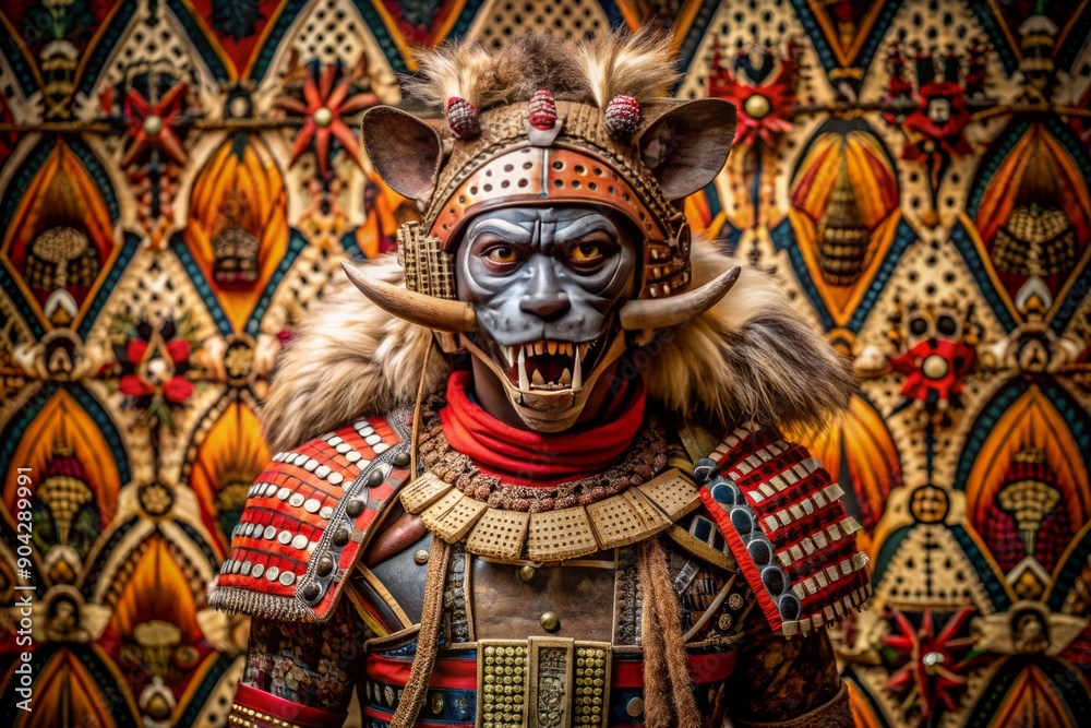 Fierce African tribe warrior's hyena mask and samurai armor stands imposingly against a vibrant tribal wallpaper background, exuding ancient mystique and untamed ferocity. Fierce African tribe warrior's hyena mask and samurai armor stands imposingly against a vibrant tribal wallpaper background, exuding ancient mystique and untamed ferocity.