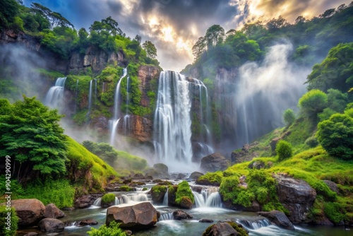 Serene majestic mountain waterfall cascades down rocky cliffs surrounded by lush greenery and misty fog, creating a breathtaking natural outdoor scenic tourist attraction landscape.