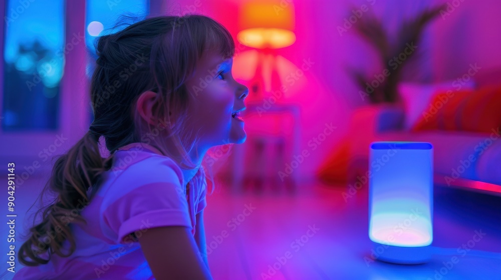 Child interacting with a smart home assistant to play music and control lights Child interacting with a smart home assistant to play music and control lights