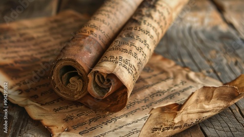 An ancient scroll featuring Hebrew text is carefully unrolled, revealing time-worn writing on aged parchment, resting on a weathered wooden surface