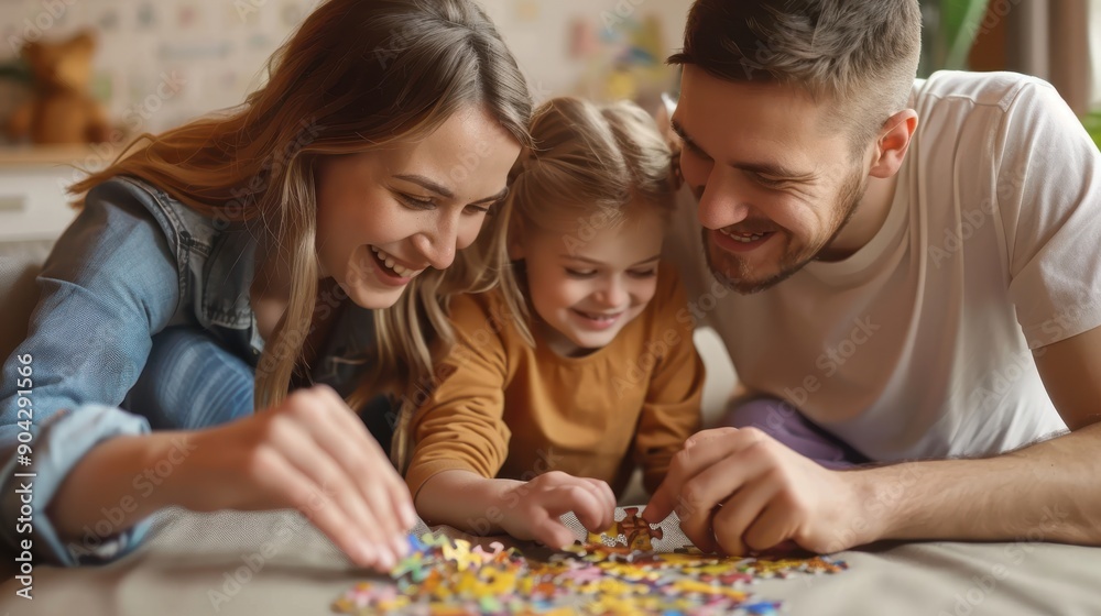 Children and parents playing a puzzle game on the sofa at home Children and parents playing a puzzle game on the sofa at home