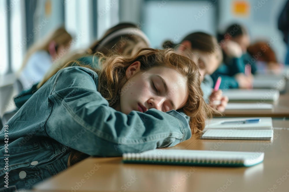 A candid image of a student asleep at their desk while classmates are engaged in studying A candid image of a student asleep at their desk while classmates are engaged in studying