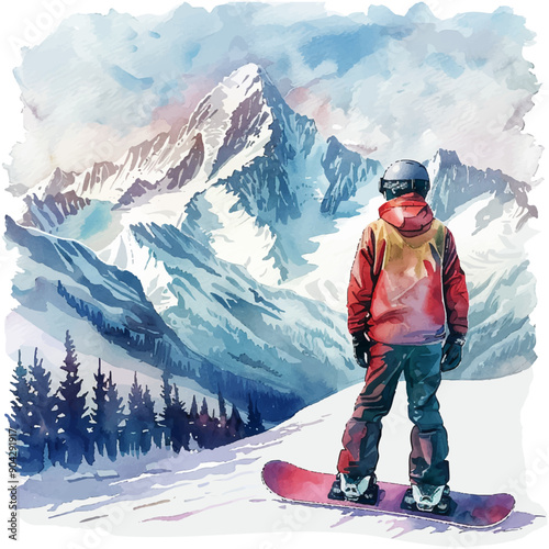 snowboarding with snowy mountain vector illustration in watercolor style