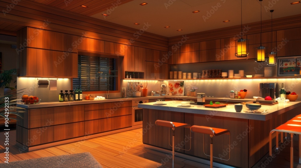 Modern Kitchen Interior with Warm Lighting Modern Kitchen Interior with Warm Lighting