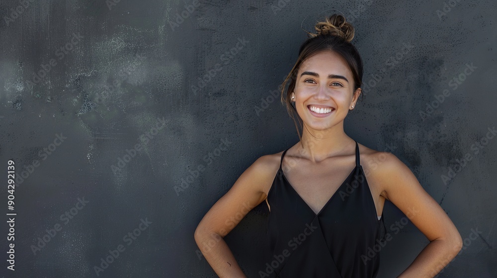 Create a realistic front view of a smiling woman with her hand on her hip, standing against a sleek charcoal gray wall Create a realistic front view of a smiling woman with her hand on her hip, standing against a sleek charcoal gray wall