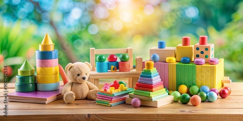 Colorful toys and learning materials scattered on a wooden table against a soft pastel background, depicting a playful and nurturing environment for child development. photo