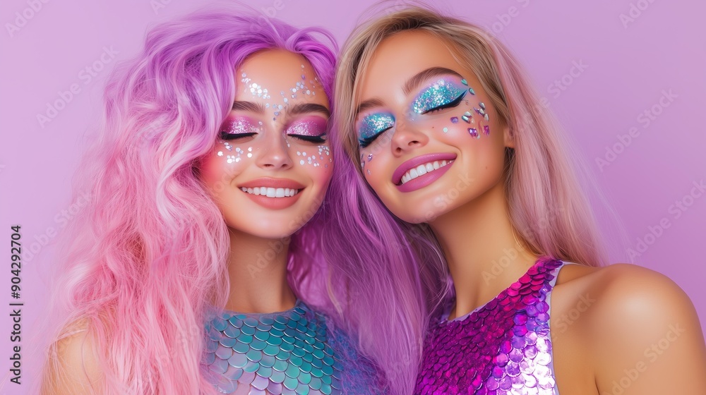 Obraz premium two young women in a mermaid costume with purple and pink hair, bedazzled makeup, fish scale tops for Halloween