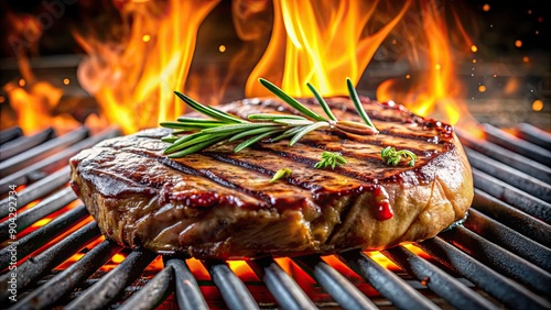 Close-up of juicy grilled steak on a hot grill, grilled, steak, juicy, close-up, barbecue, delicious, meat, cooking, sizzling photo