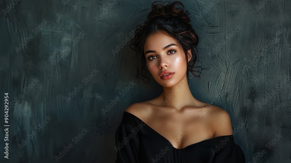 Create a realistic portrait of a beautiful woman in a black dress, standing against a sleek charcoal gray wall, highlighting her sophisticated and modern style Create a realistic portrait of a beautiful woman in a black dress, standing against a sleek charcoal gray wall, highlighting her sophisticated and modern style