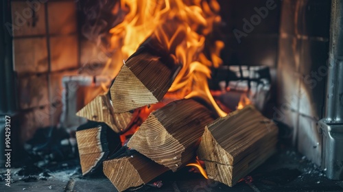 Burning firewood in a close up fireplace shot photo