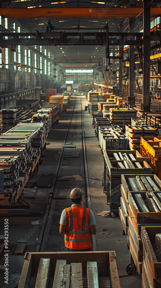 worker in an orange safety vest walking through a large industrial warehouse filled with equipment and materials, emphasizing the scale and organization of the industrial workspace worker in an orange safety vest walking through a large industrial warehouse filled with equipment and materials, emphasizing the scale and organization of the industrial workspace