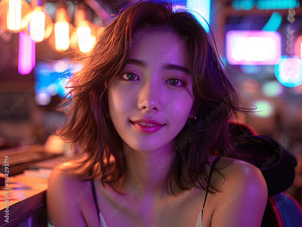 beautifull young woman with a sleeveless top playing game in neon-lit room with a blurred background beautifull young woman with a sleeveless top playing game in neon-lit room with a blurred background