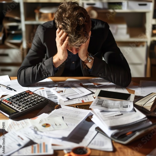 Overwhelmed businessman with head in hands surrounded by paperwork, calculator, and documents at messy desk in office.