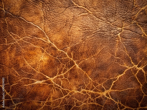 Worn, distressed, and cracked old brown leather texture serves as a unique, rustic background, showcasing signs of aging and use, with a natural, earthy tone. photo