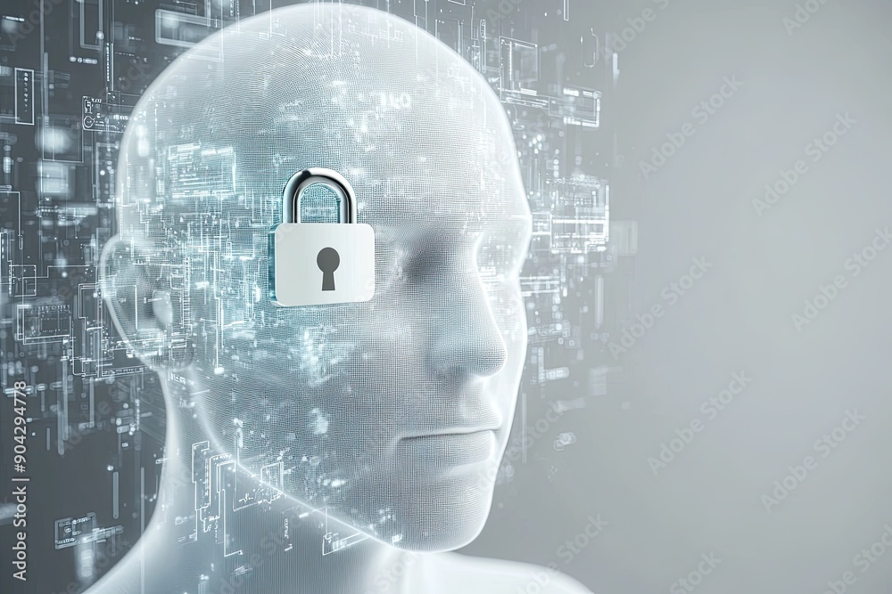 Obraz premium 3d of human head with white futuristic data protection interface with transparent padlock and fingerprint 