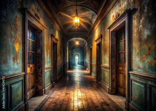 Wallpaper Mural Foreboding darkness pervades a dimly lit hallway, as oil painting techniques amplify eerie shadows, illuminating faint ghostly details in a haunting, abandoned mansion's corridor. Torontodigital.ca