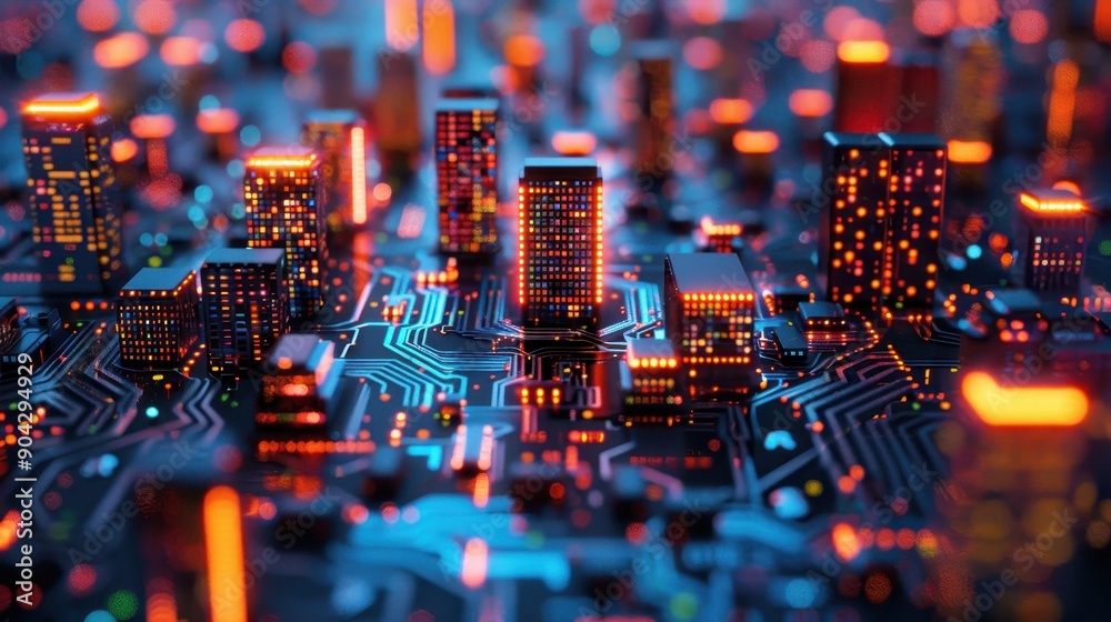 A cityscape with buildings lit up in neon colors. The city appears to be futuristic and technologically advanced