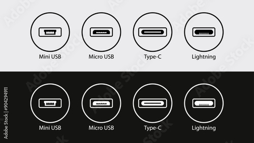 Type-C, Lightning, and Micro USB Female Socket Icons for Computers and Mobile Devices. Plug, Connectors and Sockets Icon. Vector