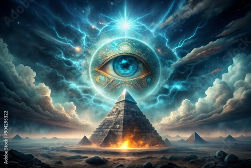 Ominous glowing pyramid with one cyclopean eye radiates eerie energy, surrounded by mystical swirly clouds and ancient mystical symbols in a dark apocalyptic landscape. photo