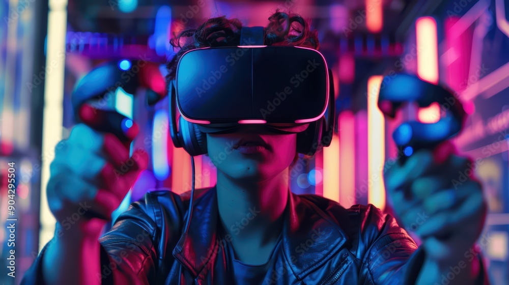 A gamer wearing a VR headset and motion controllers, fully immersed in a virtual world A gamer wearing a VR headset and motion controllers, fully immersed in a virtual world